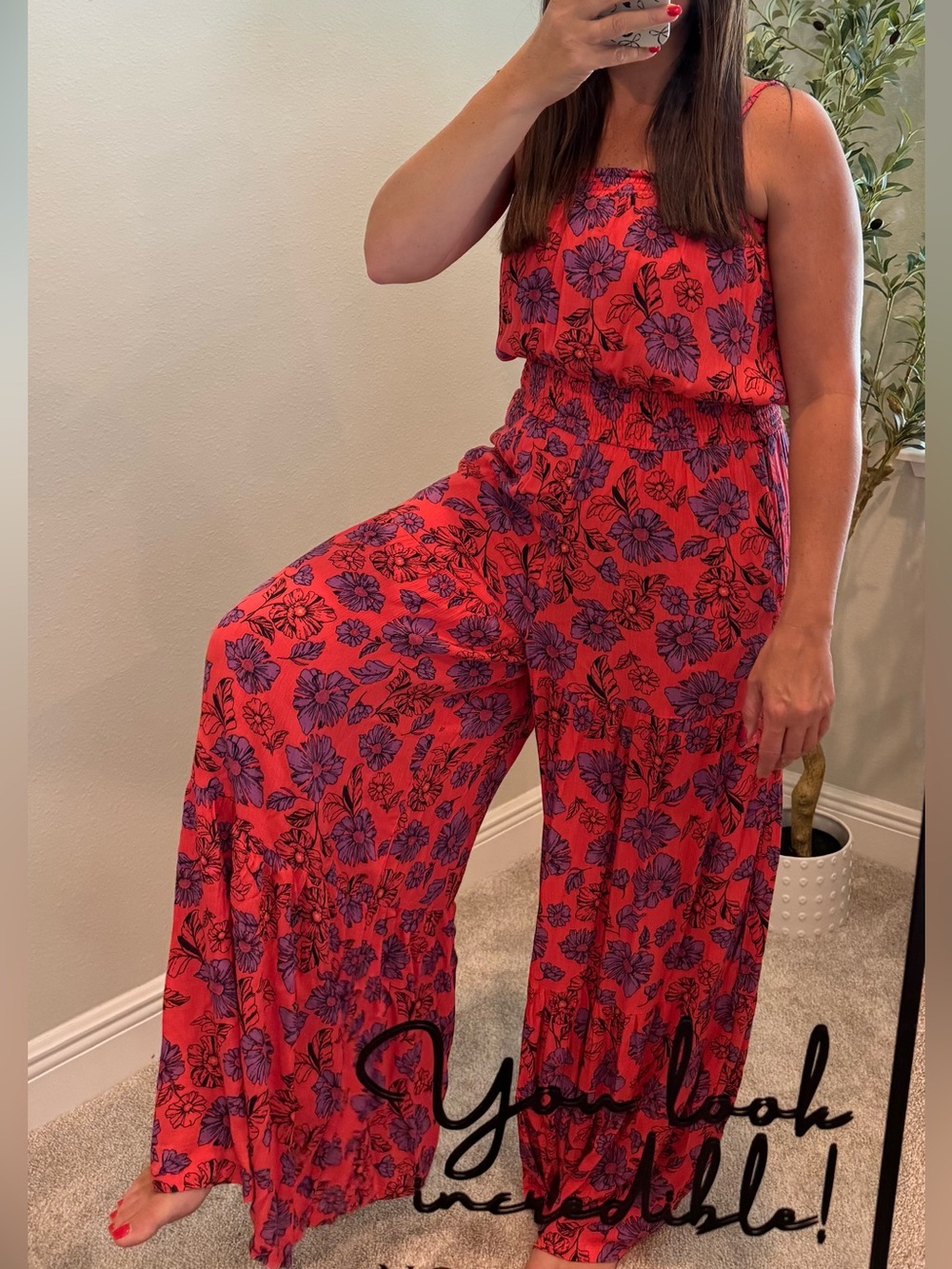 Red Floral jumpsuit  with Purple Print